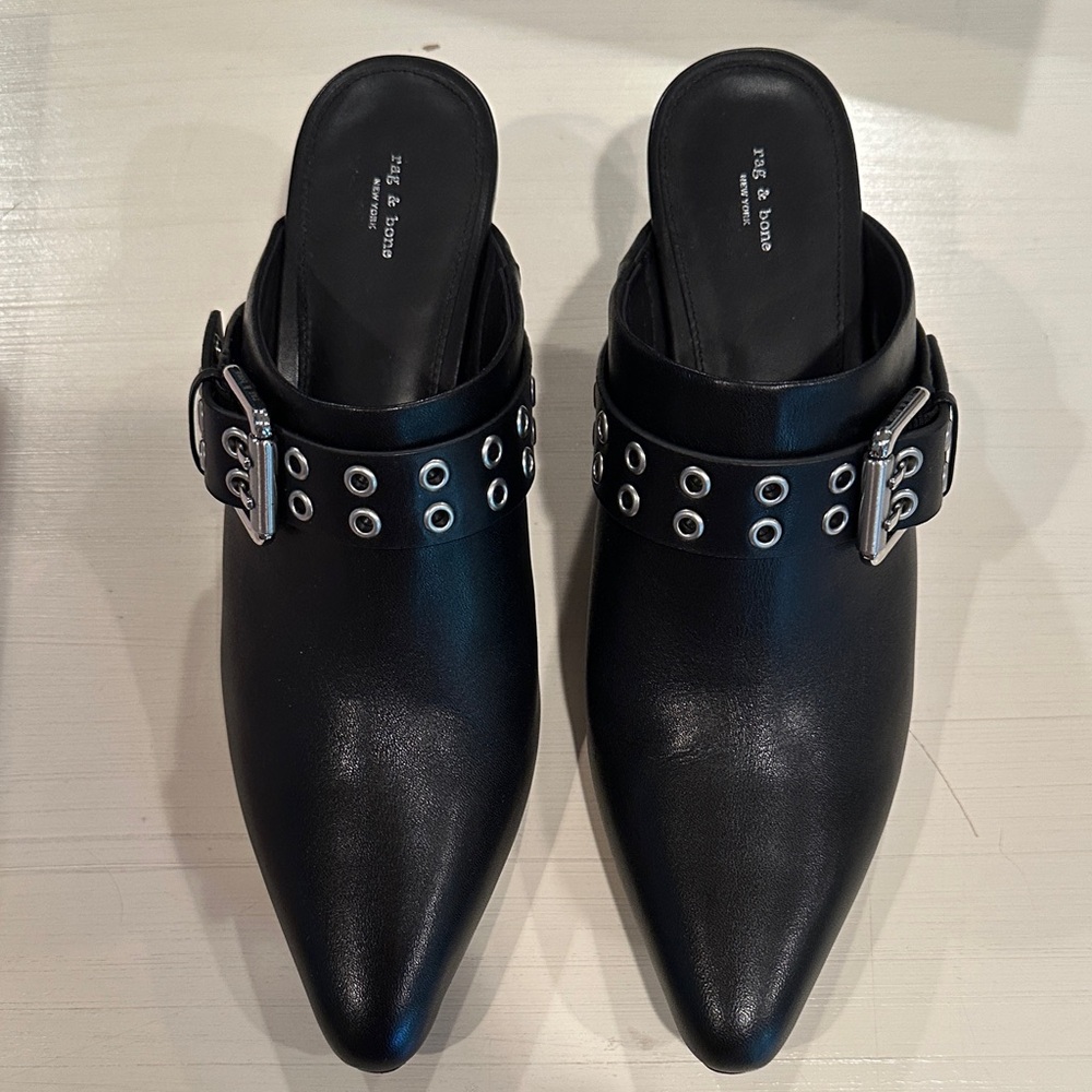 rag & bone Black Mules with Metallic Buckle